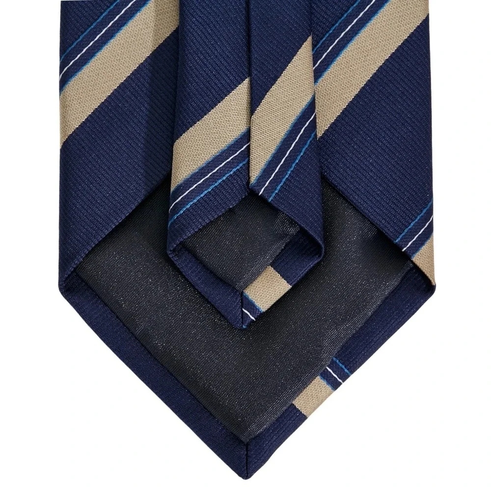 Cambridge Uomo Necktie Men's Navy Blue Tan Striped‎ Repp Silk Italy